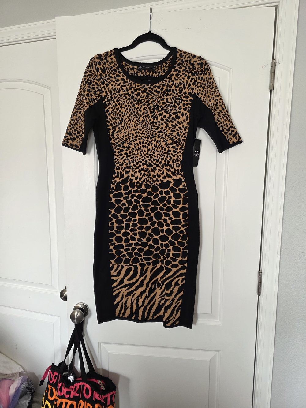 New York & Company Tan and Black Animal Print Midi Bodycon sweater  Dress